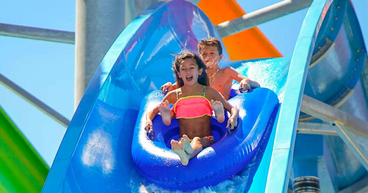 Girl in front and blue in back on blue tube